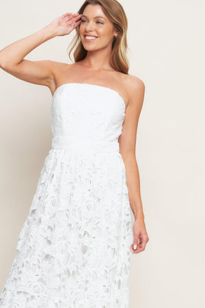 Off-white lace midi dress from Flying Tomato's Carefree Nights collection, featuring elegant lace details and a flowing silhouette.