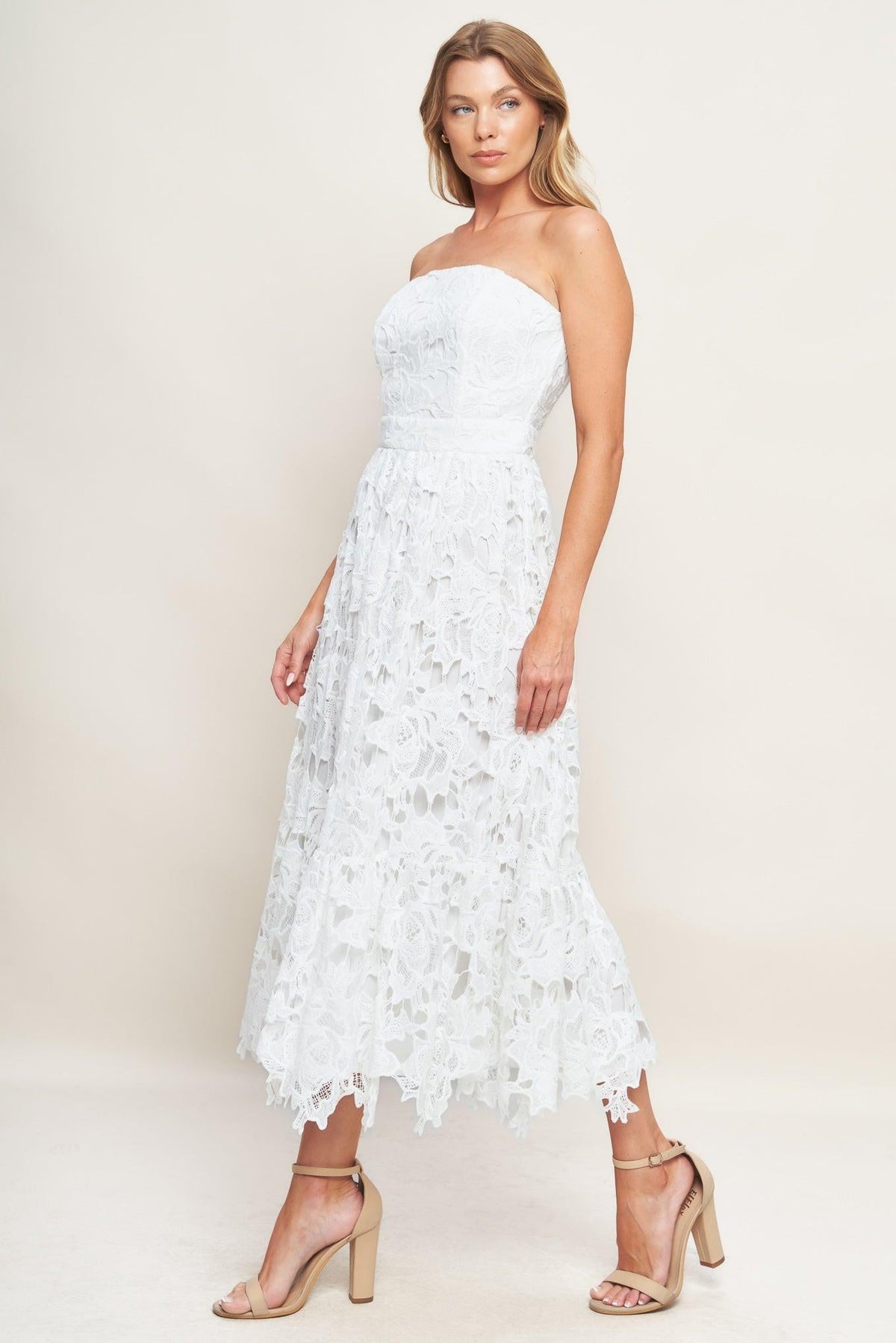 Flying Tomato Carefree Nights lace off-white midi dress, elegant sleeveless dress with intricate lace detailing, perfect for summer events.