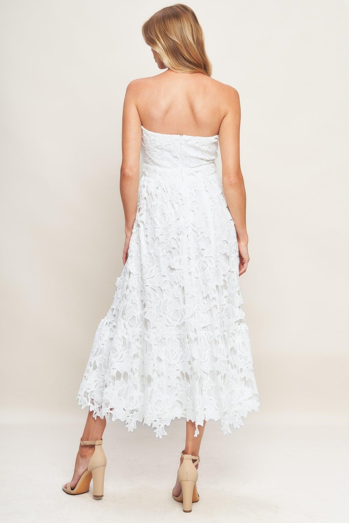 Off-white lace midi dress by Flying Tomato, featuring a flowing design with delicate lace details perfect for elegant occasions.
