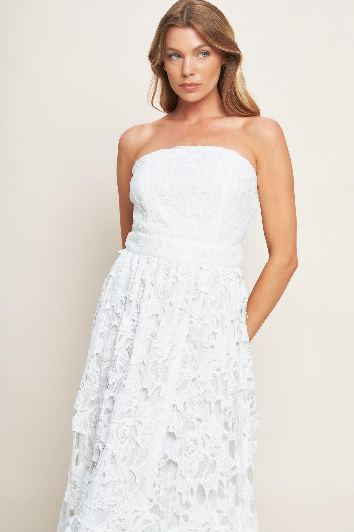 Off-white lace midi dress by Flying Tomato, featuring a flowy design and delicate lace details, perfect for casual or semi-formal occasions.