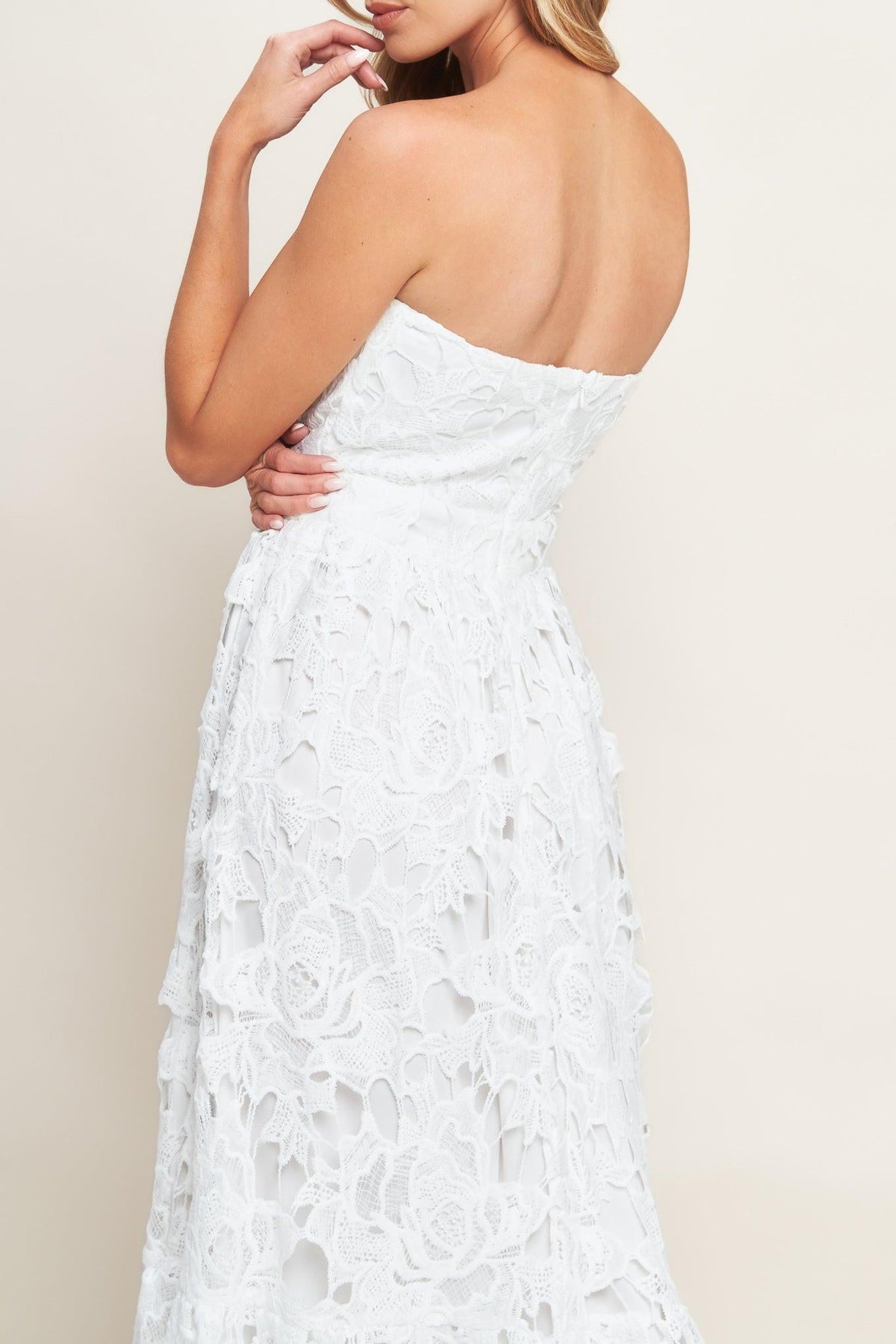 Off-white lace midi dress from Flying Tomato's Carefree Nights collection, featuring elegant design and flowing fabric.