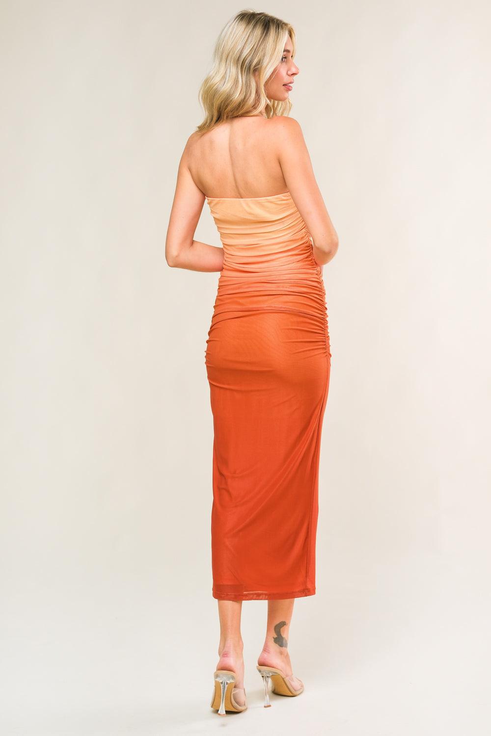 Flying Tomato mesh midi dress in rust color, showcasing a stylish, lightweight dress with breathable mesh fabric and a fitted silhouette.