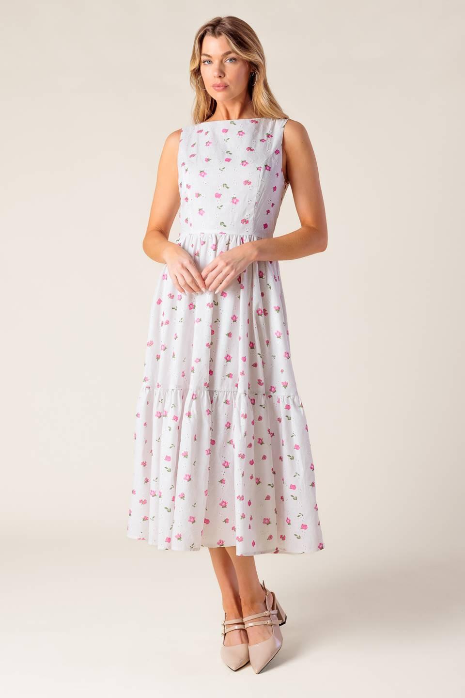 Flying Tomato Thena Garden Party woven eyelet midi dress in white and pink, featuring a flowy, stylish design with delicate eyelet details.