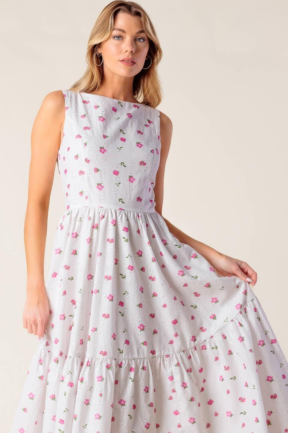 White and pink woven eyelet midi dress by Flying Tomato from the Thena Garden Party collection, featuring a stylish, feminine design.