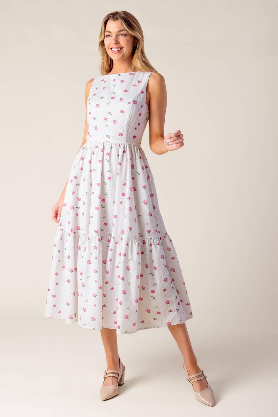 White and pink woven eyelet midi dress by Flying Tomato from the Thena Garden Party collection, shown on a model.