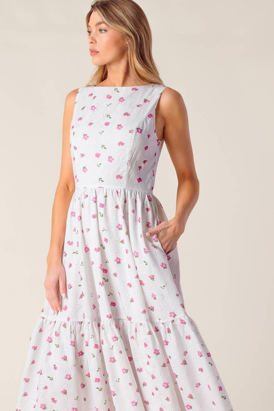 Flying Tomato Thena Garden Party woven eyelet midi dress in white and pink, featuring a flowy, feminine design perfect for summer events.