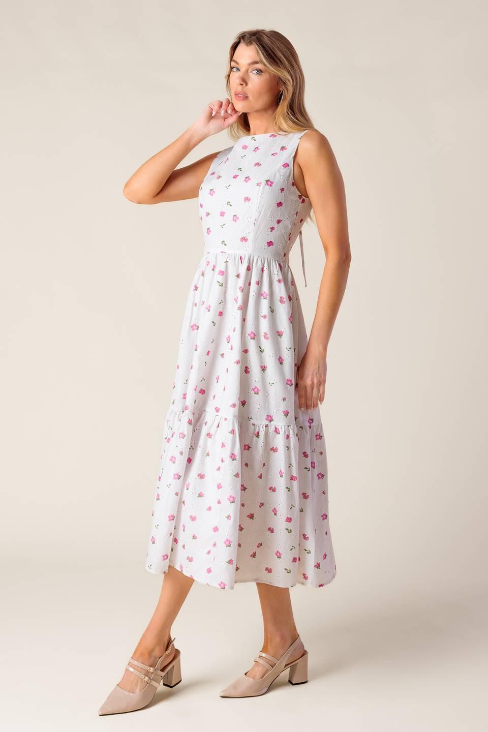 Flying Tomato Thena Garden Party woven eyelet midi dress in white and pink, featuring delicate eyelet details and a flowing silhouette.