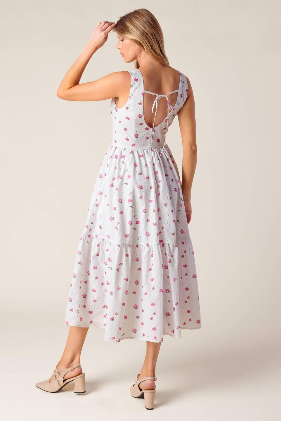 Flying Tomato Thena Garden Party woven eyelet midi dress in white and pink, featuring floral embroidery and delicate eyelet details.