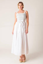 Flying Tomato Romina Broderie Woven Midi Dress in off-white with intricate embroidery and a flowing, feminine silhouette.