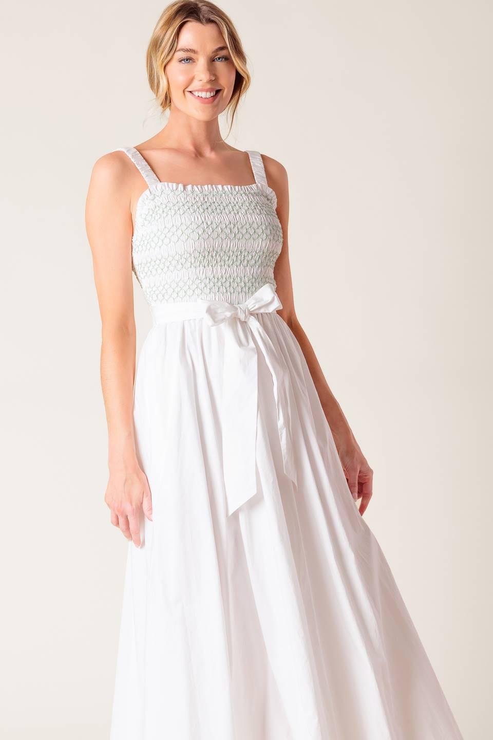 Flying Tomato Romina Broderie Woven Midi Dress in off-white with intricate embroidery and flowing fabric, stylish and feminine.