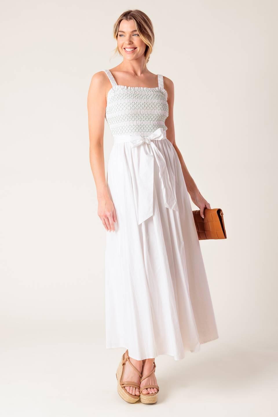 Off-white Romina broderie woven midi dress by Flying Tomato, featuring intricate embroidery and a flowing, elegant silhouette.