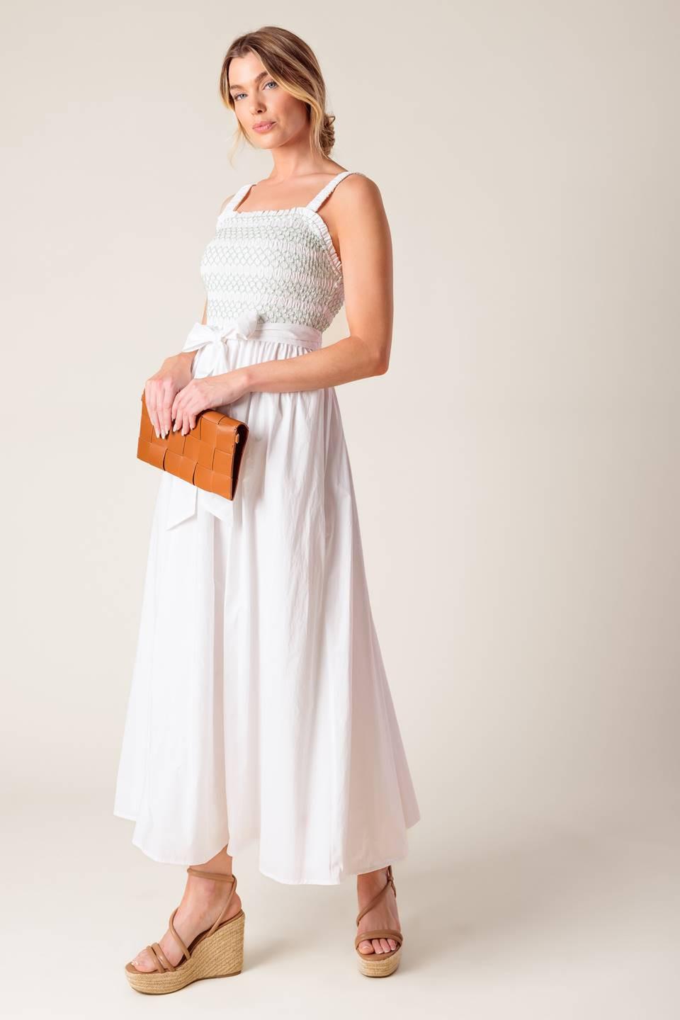 Off-white Romina Broderie Woven Midi Dress by Flying Tomato, featuring intricate embroidery and a flowing silhouette.