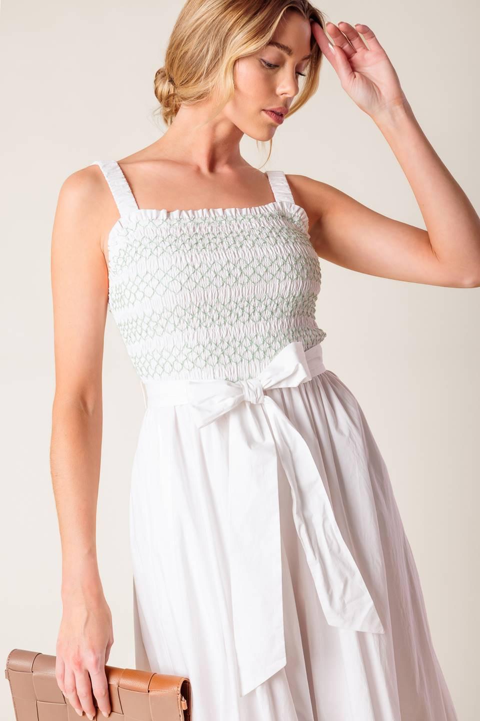 Flying Tomato Romina Broderie Woven Midi Dress in off-white with intricate embroidery and flowing fabric.