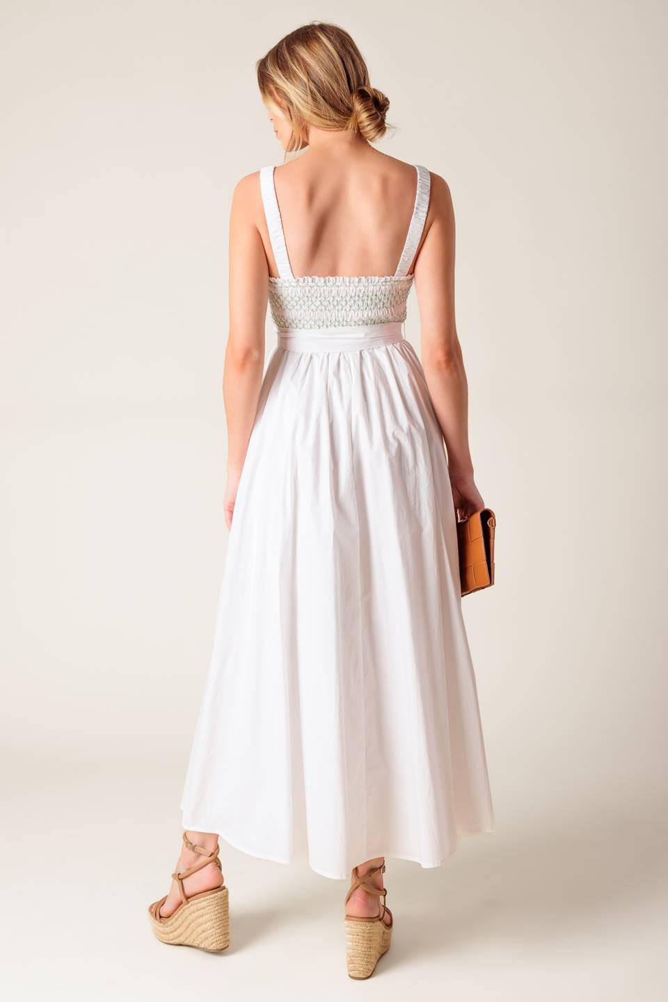 Off-white Romina Broderie Woven Midi Dress by Flying Tomato, featuring intricate embroidery and a flowing silhouette.