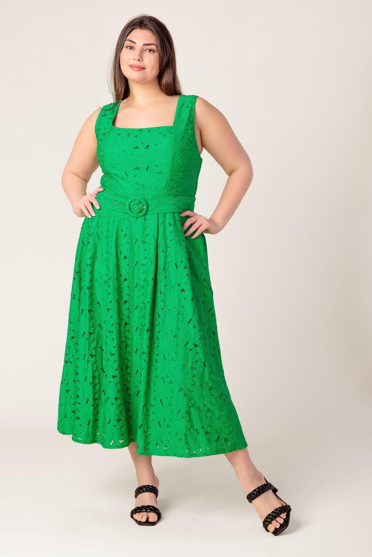 Green woven lace midi dress by Flying Tomato featuring daffodil and daydream-inspired floral design.
