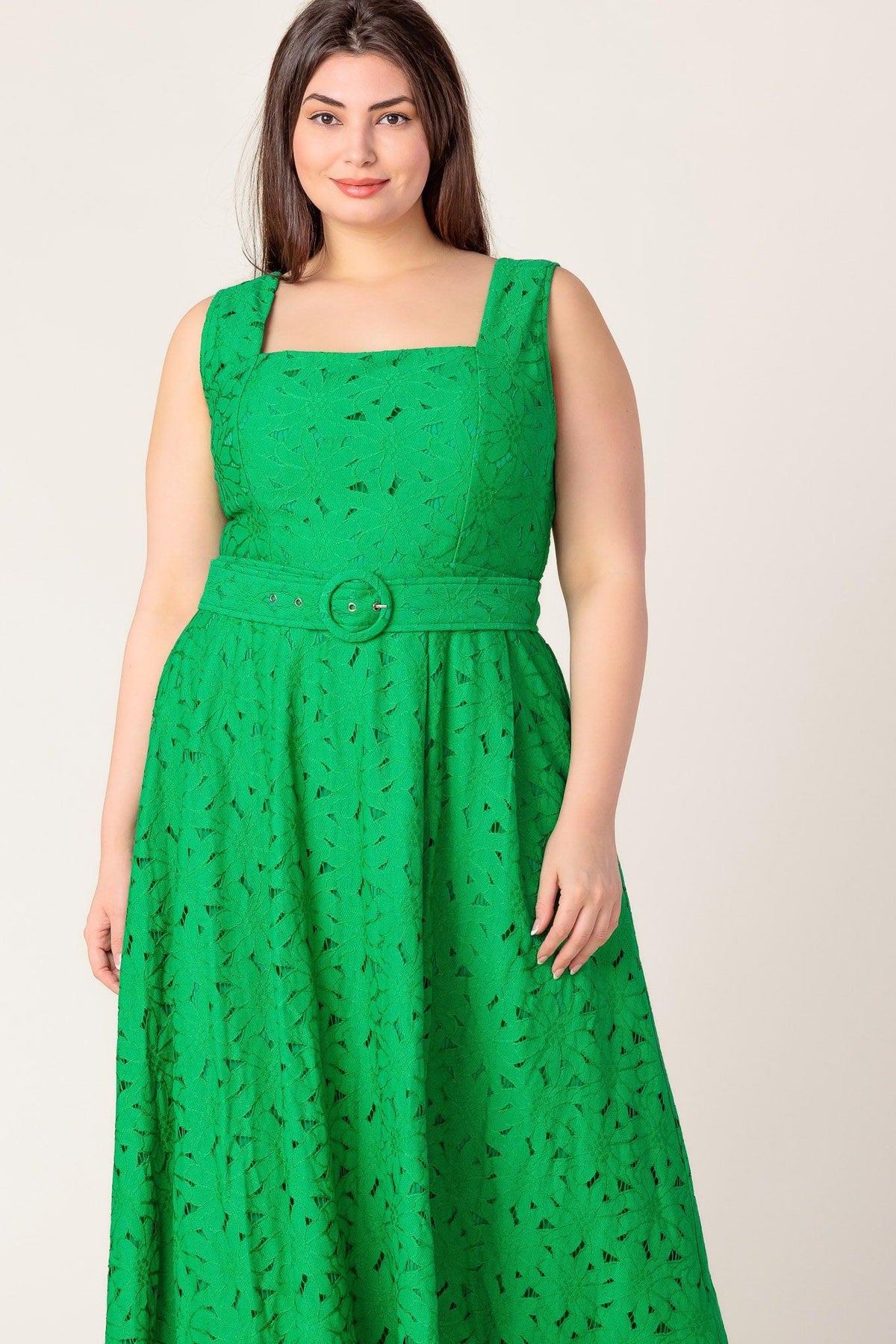 Green woven lace midi dress by Flying Tomato with daffodil and daydream floral design, featuring a stylish, flowing silhouette.