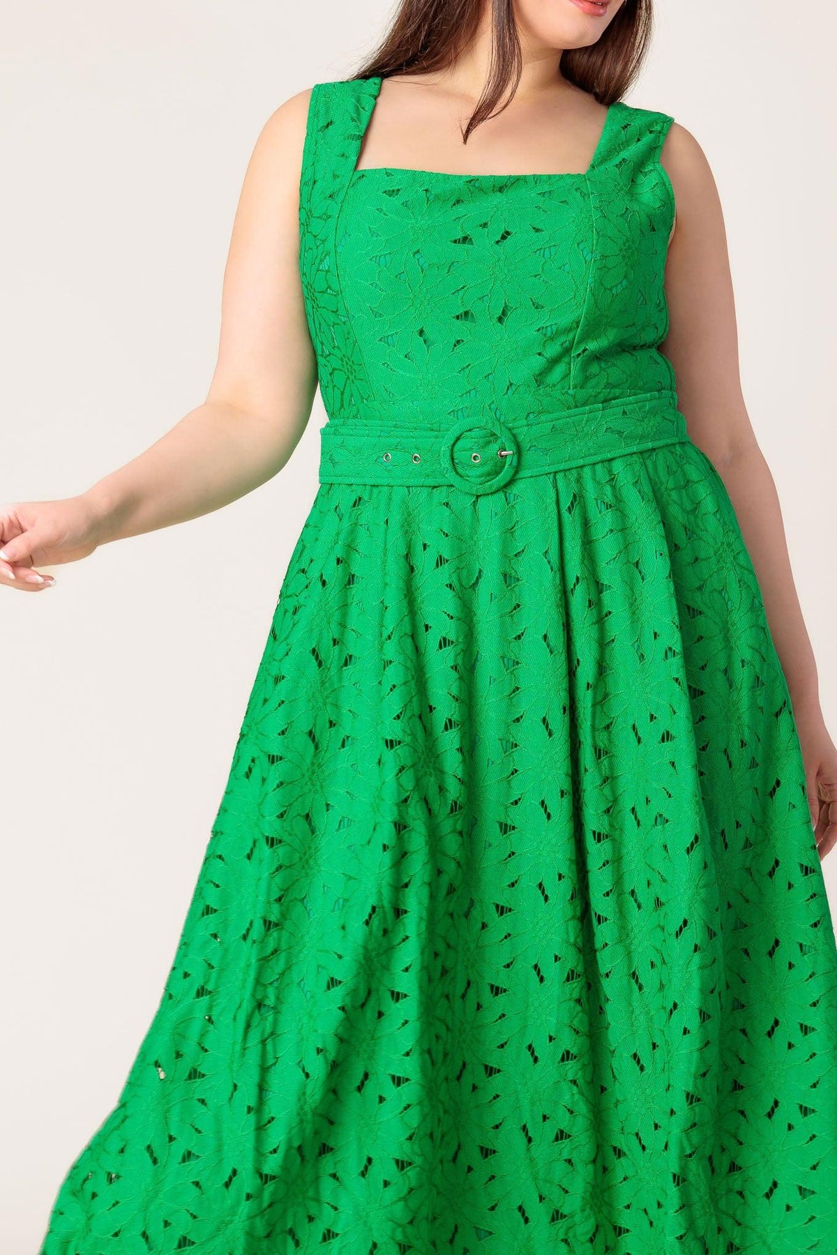 Green woven lace midi dress by Flying Tomato featuring daffodil and daydreams floral pattern and elegant, flowing silhouette.