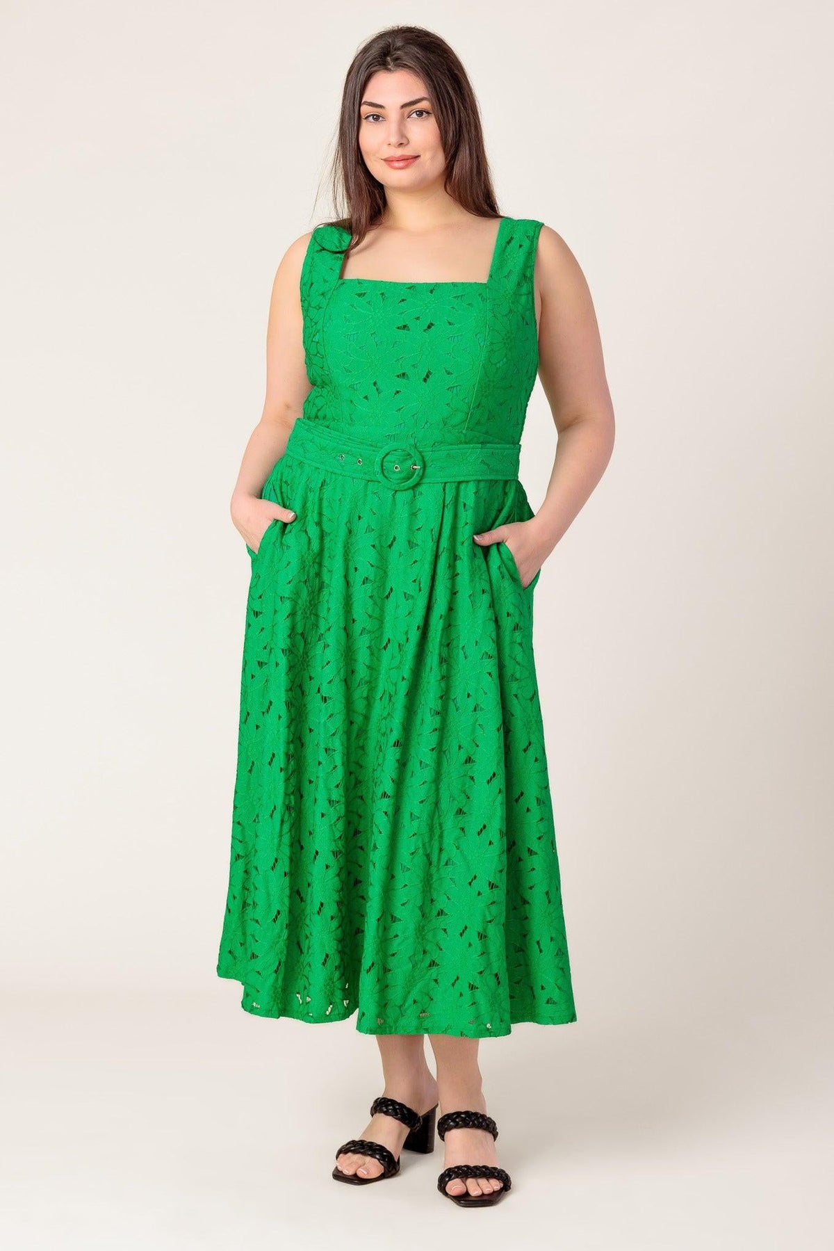 Green woven lace midi dress from Flying Tomato featuring daffodil and daydream-inspired floral details.
