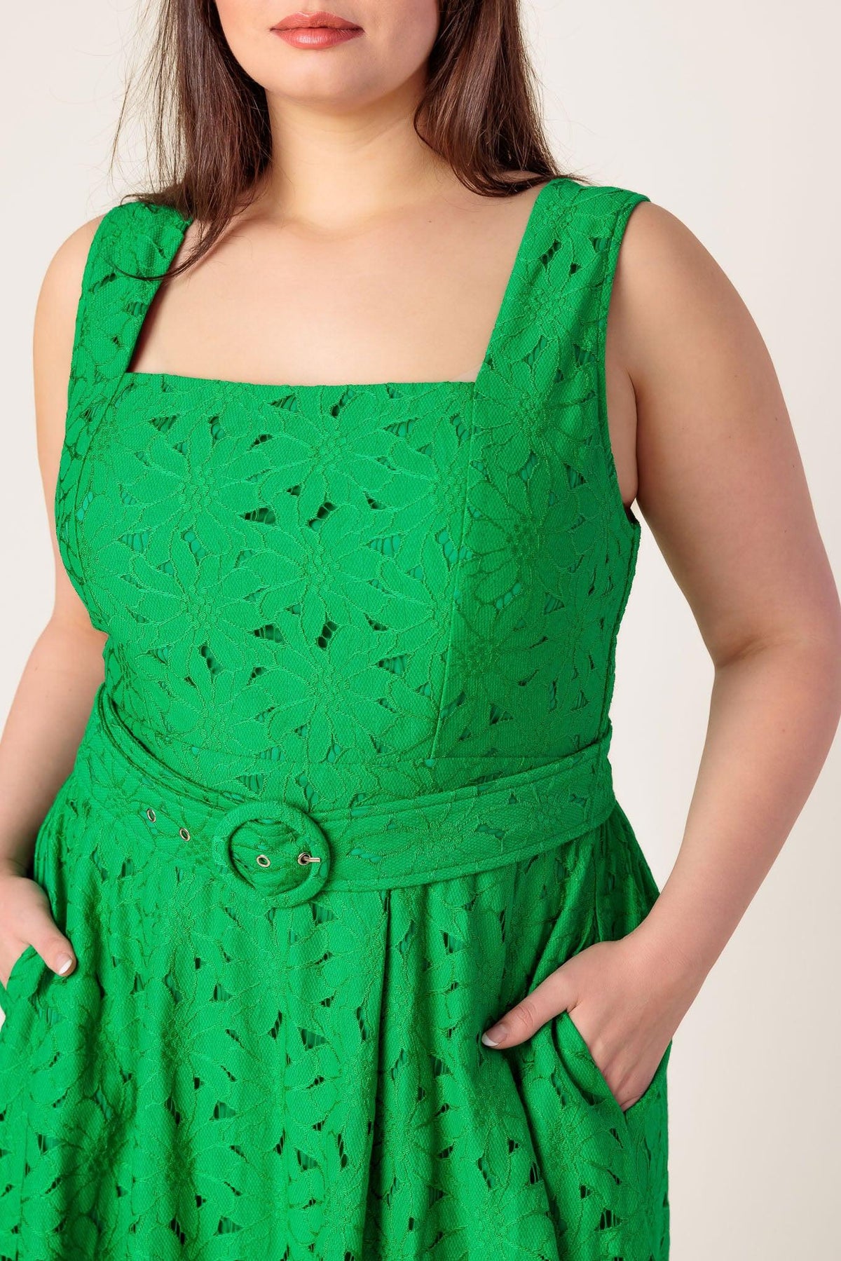 Green woven lace midi dress by Flying Tomato featuring daffodil and daydreams floral pattern and elegant design.