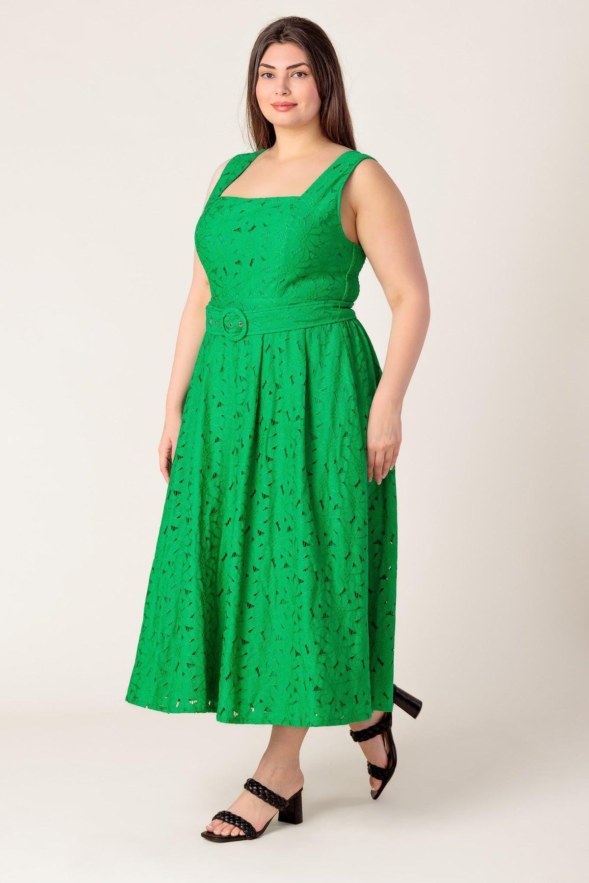 Green woven lace midi dress by Flying Tomato featuring daffodil and daydreams floral pattern and elegant fit.