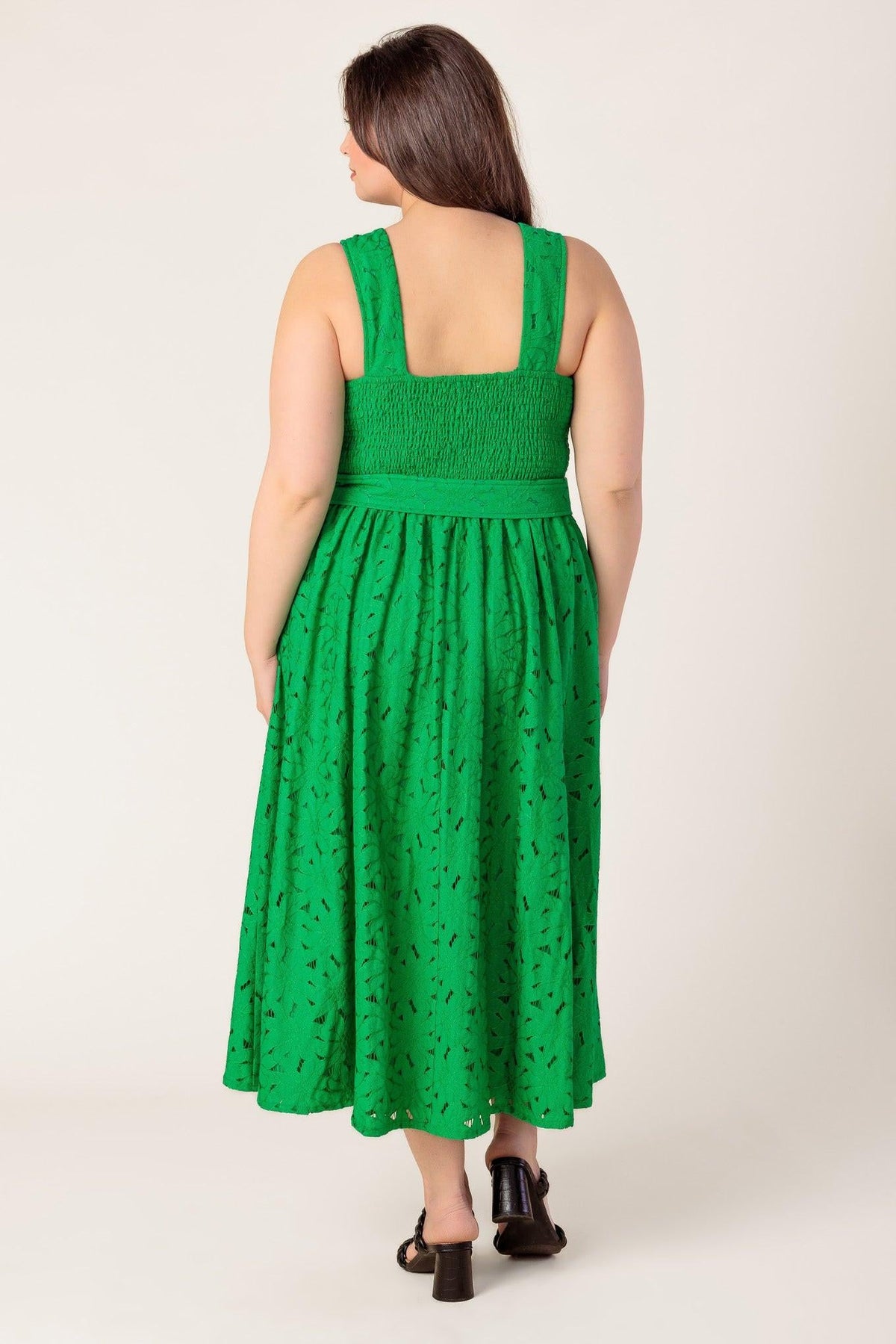Green woven lace midi dress from Flying Tomato featuring daffodil and daydream-inspired floral patterns.