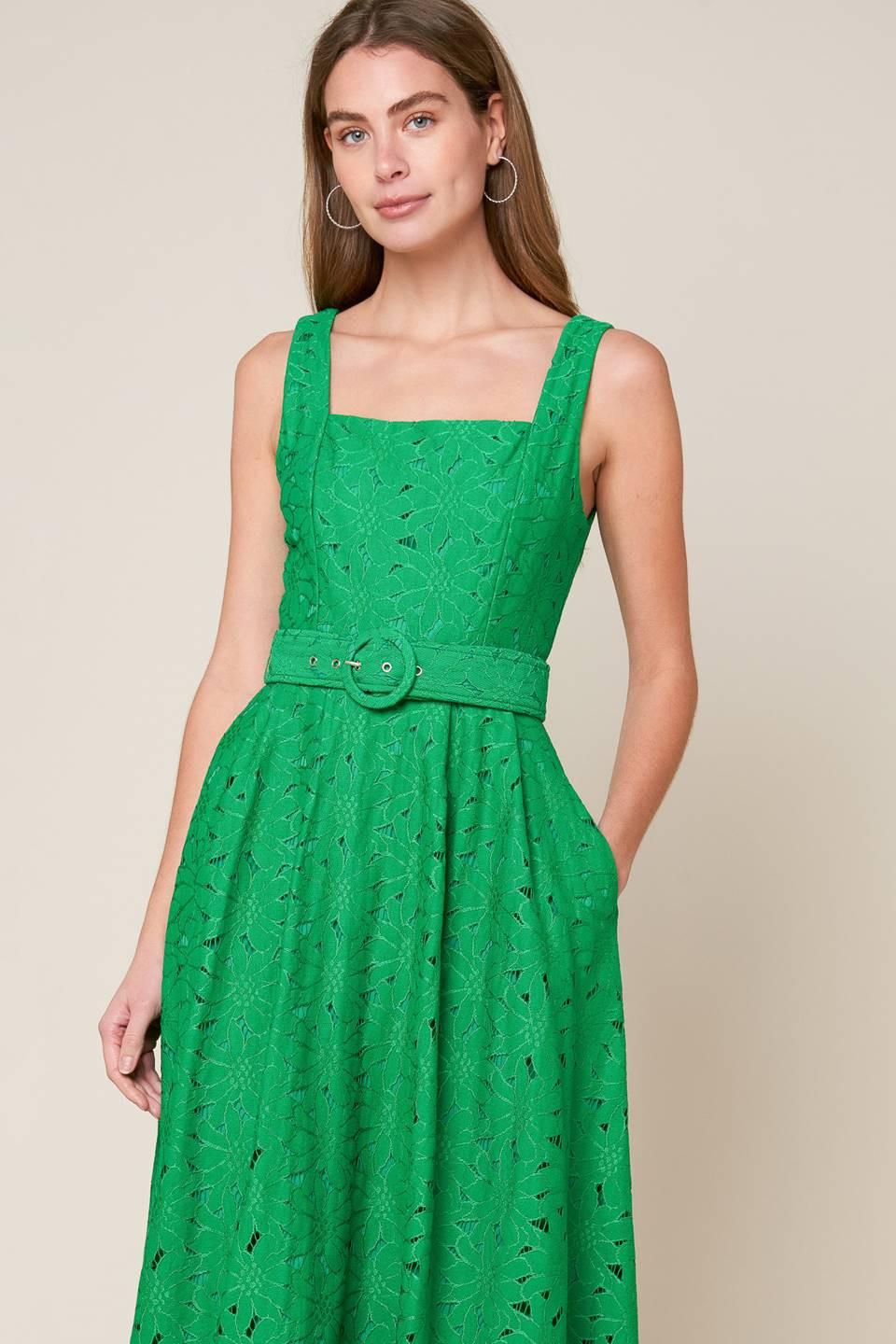 Green woven lace midi dress from Flying Tomato featuring daffodil and daydream-inspired floral details.