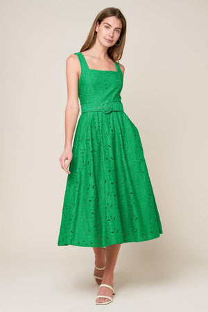 Flying Tomato Daffodils & Daydreams woven lace midi dress in green, featuring intricate lace details and a flowing silhouette.