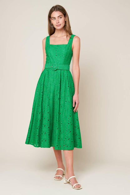 Green woven lace midi dress from Flying Tomato featuring daffodil and daydream floral patterns.