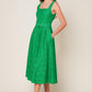 Green woven lace midi dress by Flying Tomato featuring daffodils and daydreams floral pattern and elegant, flowing silhouette.