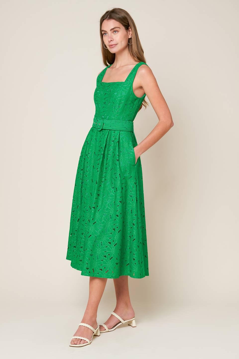 Green woven lace midi dress by Flying Tomato featuring daffodils and daydreams floral pattern and elegant, flowing silhouette.