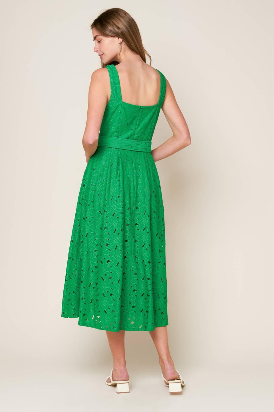 Green woven lace midi dress by Flying Tomato featuring daffodils and daydream-inspired floral pattern.