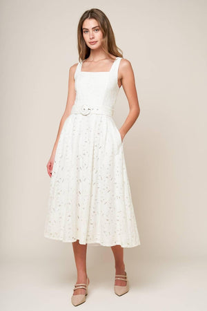 Off-white woven lace midi dress by Flying Tomato featuring daffodil and daydream-inspired floral design.