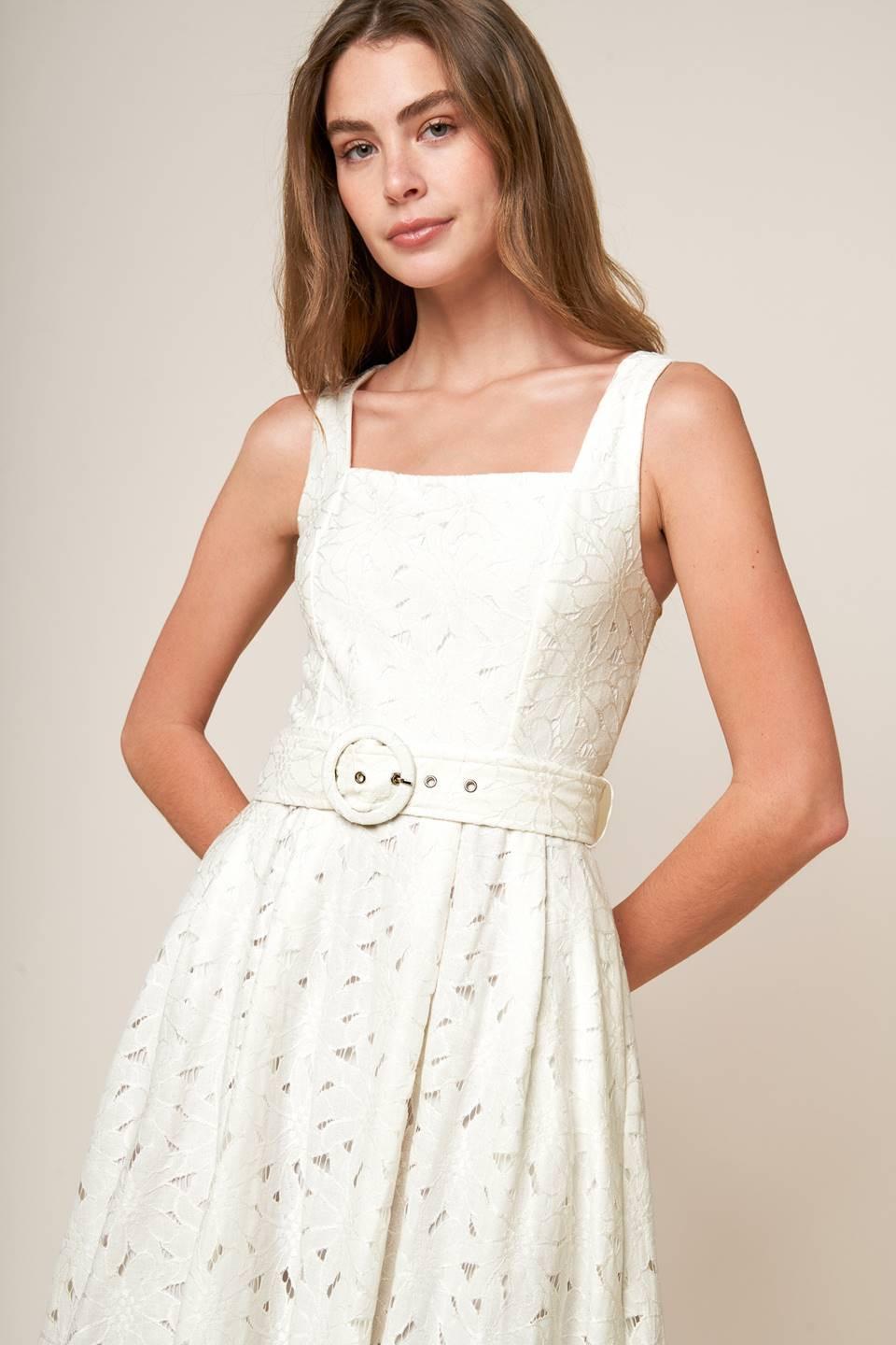 Off-white woven lace midi dress by Flying Tomato featuring daffodil and daydream-inspired floral patterns.