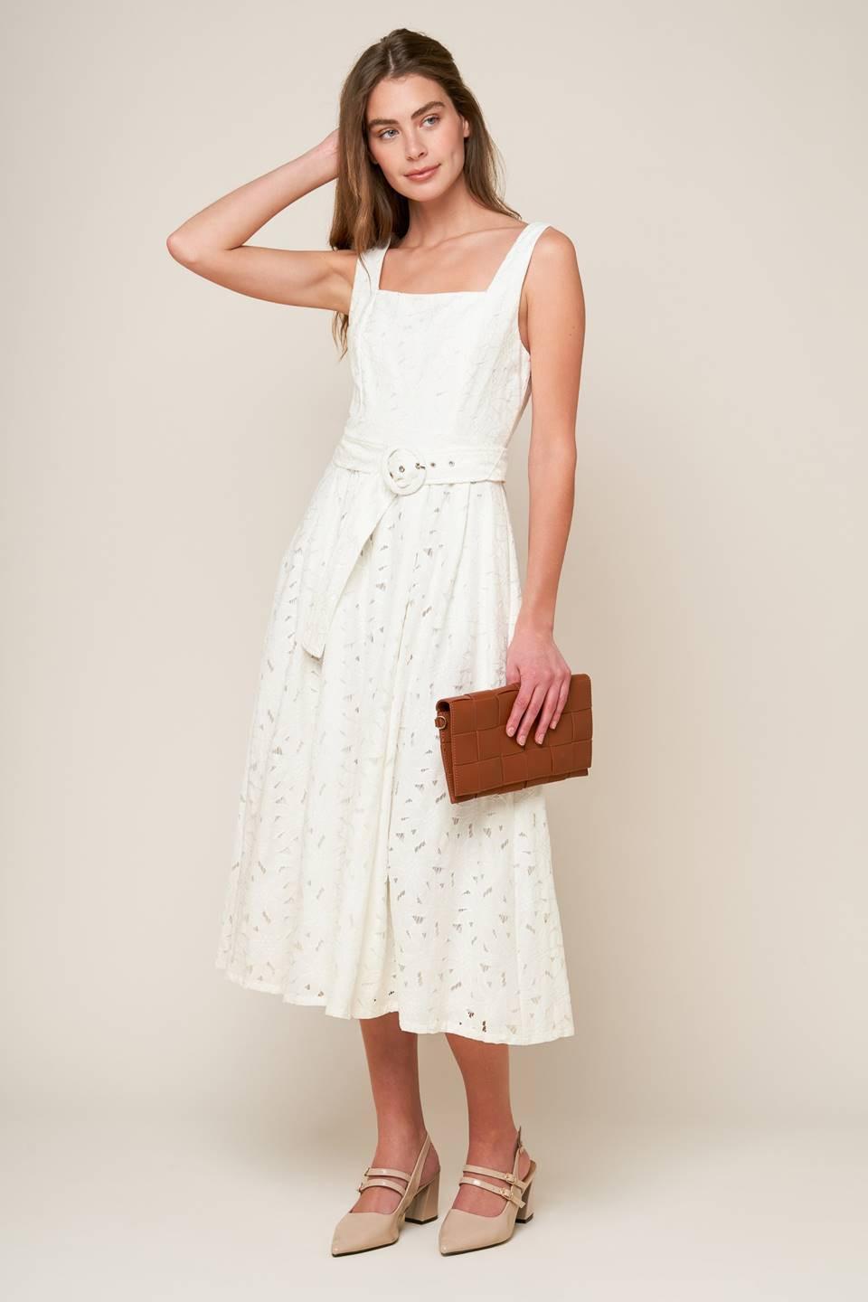Off-white woven lace midi dress from Flying Tomato featuring daffodil and daydreams floral patterns.