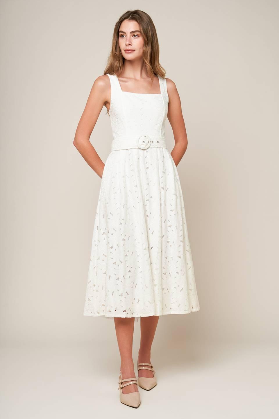 Off-white woven lace midi dress from Flying Tomato featuring daffodil and daydream-inspired design and elegant, flowing silhouette.
