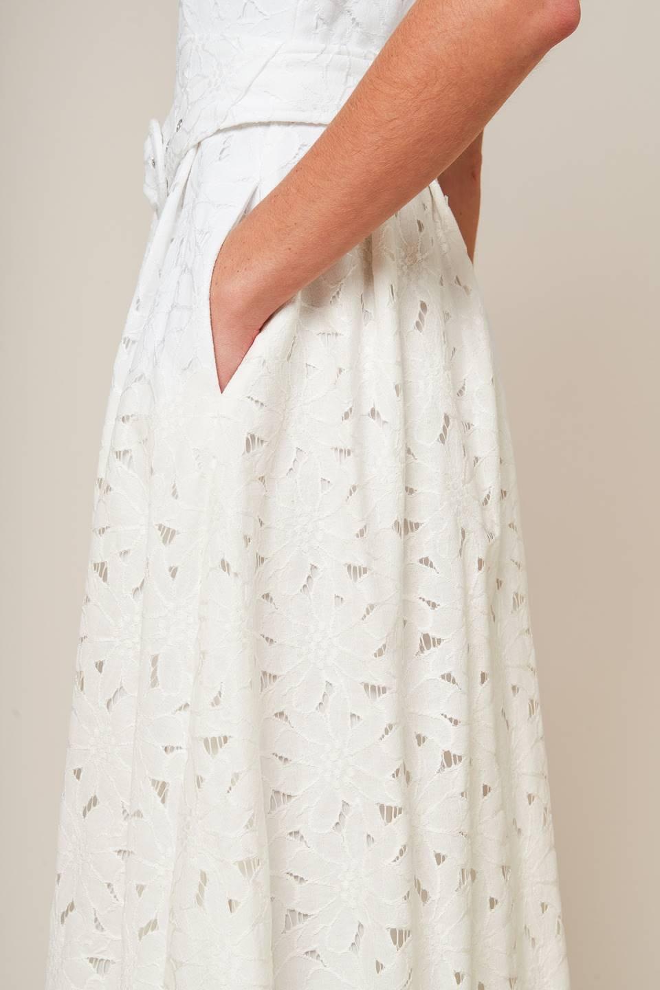 Off-white woven lace midi dress from Flying Tomato with delicate floral pattern and elegant fit.