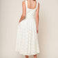 Off-white woven lace midi dress by Flying Tomato featuring intricate lace details and a flowing, elegant silhouette.