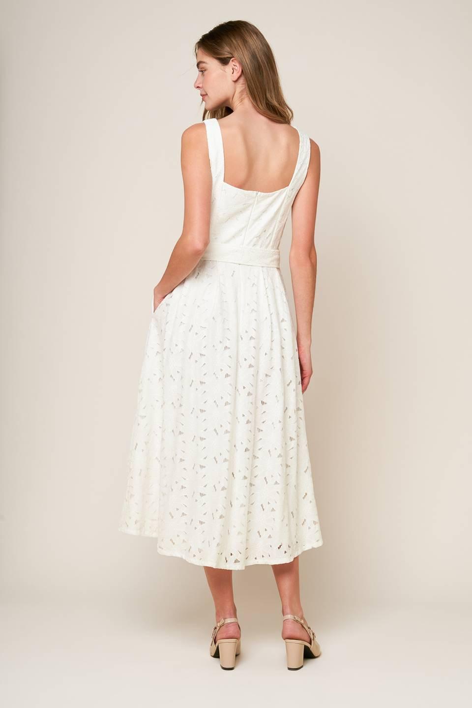 Off-white woven lace midi dress by Flying Tomato featuring intricate lace details and a flowing, elegant silhouette.