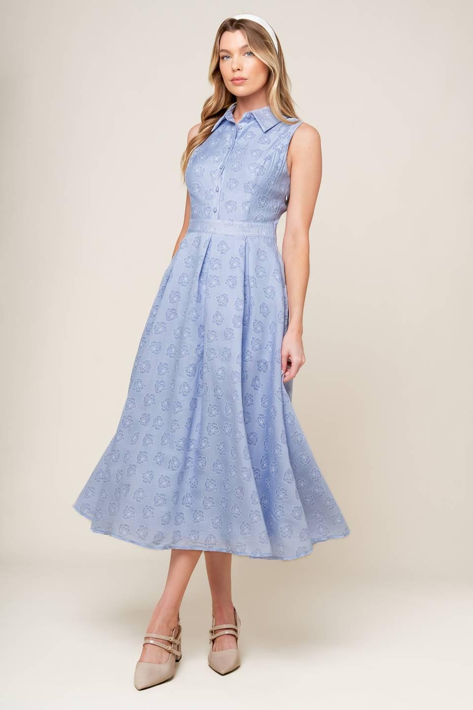 Slate blue woven midi dress by Flying Tomato, featuring a flowing design and elegant detailing, perfect for stylish occasions.