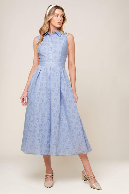 Flying Tomato GRAND ENTRANCE woven midi dress in slate blue, featuring a stylish, flowing design with a fitted waist and sleeveless silhouette.