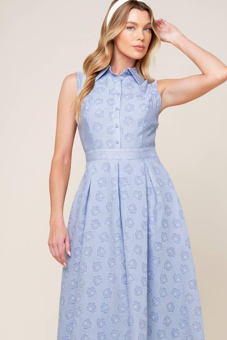 Flying Tomato GRAND ENTRANCE woven midi dress in slate blue, showcasing its stylish fabric and elegant midi length.
