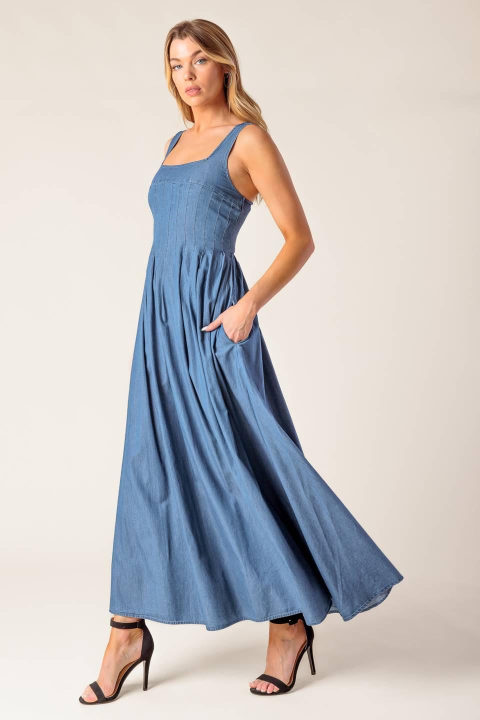 Flying Tomato Passiflora Indigo denim midi dress featuring a relaxed fit and classic design, perfect for casual or stylish occasions.