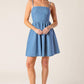 Light indigo Flying Tomato Back in Love Denim Mini Dress, casual sleeveless dress with front pockets and fitted waist.