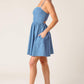 Light indigo Flying Tomato Back in Love Denim Mini Dress, casual sleeveless dress with front button closure and fitted silhouette.