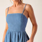 Light indigo Flying Tomato Back in Love Denim Mini Dress, stylish casual dress with a fitted silhouette and button front detail.