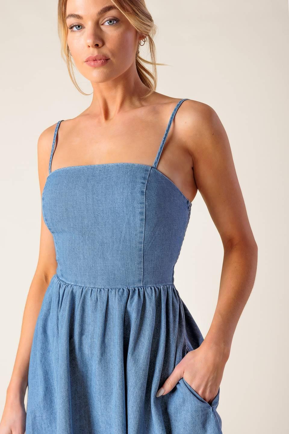 Light indigo Flying Tomato Back in Love Denim Mini Dress, stylish casual dress with a fitted silhouette and button front detail.
