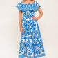 Flying Tomato Bloom Serenade blue woven midi dress, lightweight fabric with a flowing silhouette and intricate pattern.