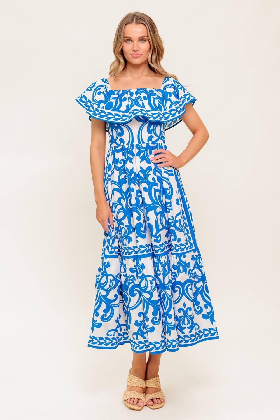 Flying Tomato Bloom Serenade blue woven midi dress, lightweight fabric with a flowing silhouette and intricate pattern.