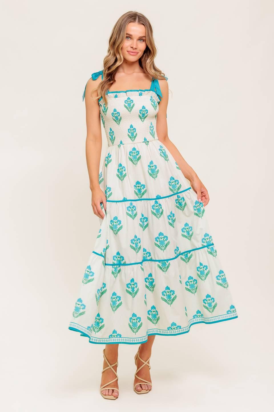 Flying Tomato Midnight Botanica woven midi dress in ivory and blue, featuring a flowing, elegant design perfect for summer wear.