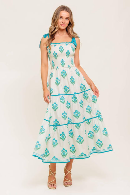 Flying Tomato Midnight Botanica woven midi dress in ivory and blue, featuring a flowing, elegant design perfect for summer wear.